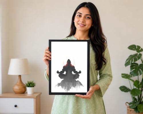 Image of Lord Hanuman Meditation Wall Decor Frame A4 Size | Spiritual Hindu Art Print with Black Photo Frame for Home Temple & Office