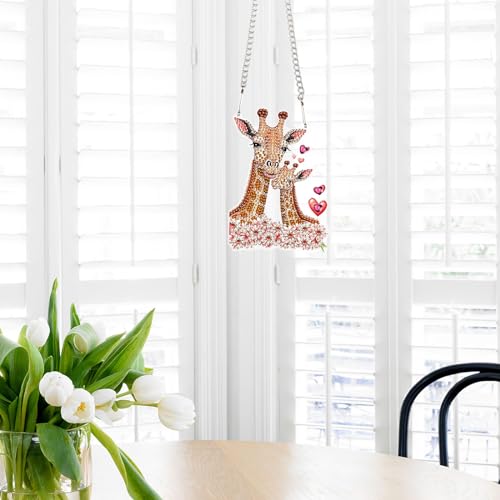 Image of AiYuanzsh DIY Acrylic Diamond Painting Hanging Kits, Love Giraffes Special Shape Diamond Rhinestone Round Diamond Art Hanging, Window Decorations Home Garden Wall Hangings Valentine's Day Gifts