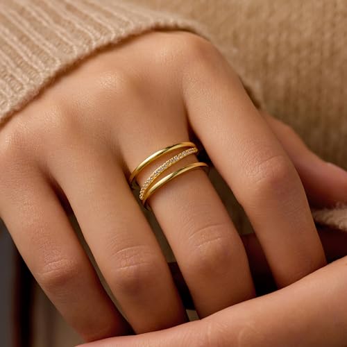 Dainty 14K Gold Plated Stackable Rings for Women Non Tarnish 925 Sterling Silver 3 Layered Cubic Zirconia Ring Open Adjustable Rings Trendy Eternity Engagement Band Ring Christmas Wedding Jewelry Gift4