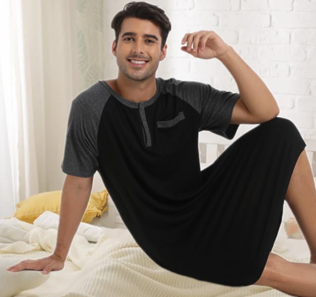 Enjoyoself Mens Cotton Short Sleeve Pyjama Tops Nightshirts Lightweight Sleepwear4