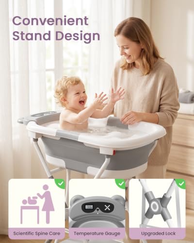Image of 2-in-1 Foldable Baby Bathtub with Stand, Newborn Tub for Infant to Toddler, Easy-Store Design, Baby Shower Gift for New Parents, Grey