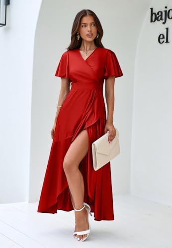 Image of Memoriesea Women's Elegant V Neck Ruffle Sleeve Wrap Bodycon Cocktail Maxi Dress Red