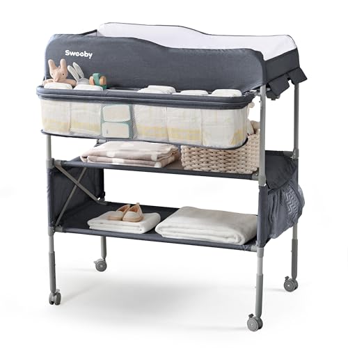 Image of Sweeby Portable Baby Changing Table, Foldable Diaper Changing Station with Waterproof Pad, Mobile Nursery Organizer for Infant & Newborn Essentials, Dark Grey