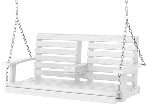 KINGYES Outdoor Hanging Porch Swing Waterproof Swing with Cup Holders for Courtyard & Garden 660LBS Weight Capacity White