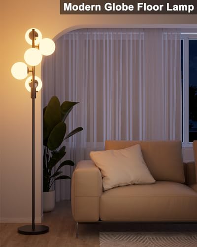 Image of 64IN Dimmable Black Floor Lamp, Tall Standing Lamps with 5 Globe Soft Warm White Eye Care 3000K G9 Bulbs, Mid Century Modern Floor Lamp with 5Lbs Heavy Base for Living Room Bedroom Office
