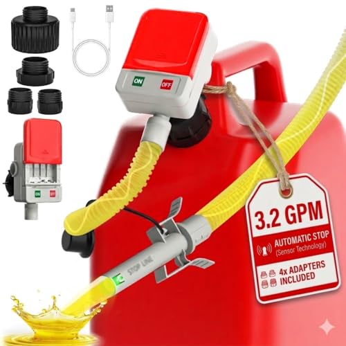 Bonviee Fuel Transfer Pump with Auto-Stop, Fast 3.2 GPM Flow, 51” Hose, Battery/USB Powered, 4 Can Adapters, Portable Gas Can Pump for Oil, Diesel, Gasoline, Safe No-Spill Refueling