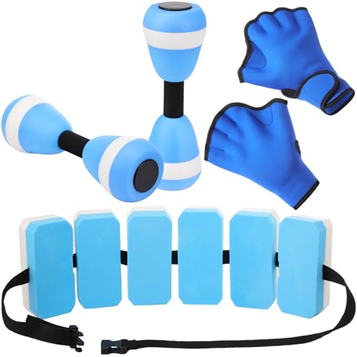 Seenelling 4Pcs Aquatic Exercise Water Weights Equipment, Including 1 Swimming Belt, 2 Pcs Foam Water Dumbbells 1 Pair Swimming Gloves Pool Exercise Equipment for Adults for Training Workouts