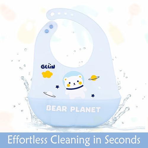 Image of GLUN Pack of 2 Soft Feeding Bibs with Bowl, Cute Taddy Bear Print for Growing Champs, Easily Wipes Clean, Comfortable Soft Baby Bibs, Less Time Cleaning after Meals for Babies