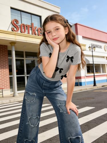 Image of Size 7-14 Years Girls 2 Piece Outfits Bow Short-Sleeved Top and Jeans Pants Clothing Set
