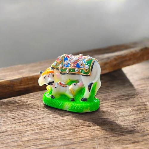 Image of Kamdhenu Cow and Calf Idol for Home Decor | Marble Finish Gau MATA Murti | Vastu Showpiece for Home Temple Pooja Room Office Desk | Spiritual Religious Gift | Housewarming Diwali Decor | Multicolor