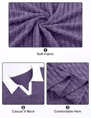 Image of Koscacy Women Plus Size Casual Knit Sweater Lapel V Neck Solid Color Tops Lightweight Long Sleeve Blouses