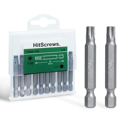 HitScrews 2 Inch Magnetic T30 Torx Bits S2 Steel Star Screwdriver Bits 1/4 Hex Shank CNC Precision Tips 10-Pack in Slide-Out Storage Case Drill/Impact Driver Compatible