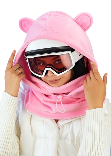 Fleece Balaclava Over Helmet - Warm Helmet Ninja Hood - Snowboard Hooded Hat Neck Gaiter Ski Mask (US Alpha One Size Pink-EarsUp)