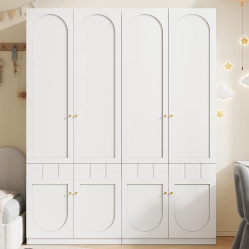 Merax 2er-Set Kleiderschrank für Kinderzimmer – Weißer Lack-Kleiderschrank mit Kleiderstange und Schubladen, Metallgriffe, 160×50×200 cm – Perfekt für kleine Räume und Schlafzimmer