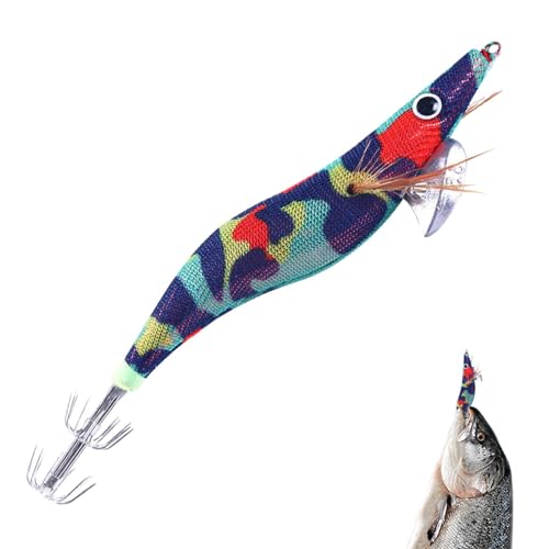 Squid Jigs - Señuelo de Agua Salada Que en la Oscuridad, Gancho para camarones de Madera con Efecto Resplandor, natación Flexible, gambas realistas para Bacalao, pargo, Serpiente, Calamar