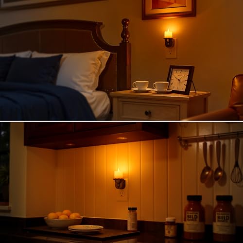 Image of Briignite Candle Night Light, Amber Night Lights Plug into Wall 2 Pack, LED Flicker Candle Night Light with Light Sensor, 0-100LM Dimmable Nightlight for Kids Hallway Bathroom