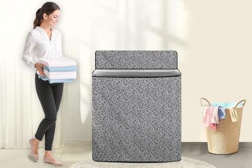 Image of The Furnishing Tree Semi-Automatic Top Load Washing Machine Cover | Waterproof & Dustproof | Easy to Clean | Durable & Washable, Monochrome Floral Vine Print Polyester (53.5x89x99 CM)