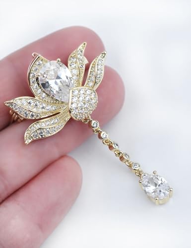Image of Women's Cubic Zirconia Orchid Flower Brooch Crystal Floral Boutonniere Petal Lapel Pin Beastpin Bridal Wedding Jewelry with Tassel