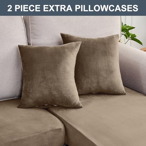 Image of Stretch Silver Fox Velvet Sectional Couch Covers - 3-Piece Sofa Cushion Covers for Left /Right L-Shaped Chaise, Soft and Comfortable Slipcovers for Sectional Sofa(2Seater+1Chaise,Leather Brown)