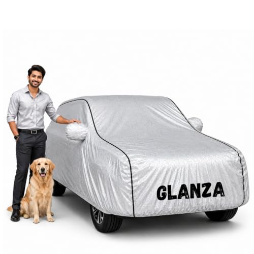 Image of Waterproof Car Cover for Glanza | Soft Cotton Lining Heavy Duty Triple Stitched Heat Resistant Outdoor Cover Comes with Mirror and Antenna Pocket Full Bottom Elastic (Zig Zag Silver)