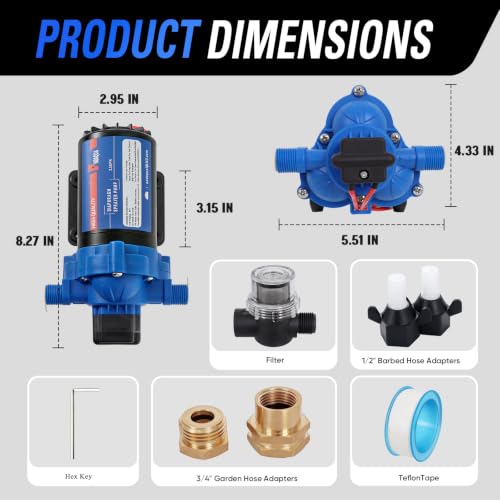 Image of 12V Sprayer Pump, 2.5GPM Chemical Resistant Diaphragm Pump | Corrosion-Resistant,60PSI Adj Pressure, Auto Shut-Off, Thermal Protection. for Agricultural Spraying, soft wash, RVs, boats