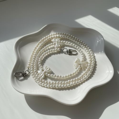 Image of KHOLAD White Bow Phone Chain Crossbody Pearl Strap | 2in1 Wrist & Shouler Crossbody Lanyard | Pearl Beads Charms Chain with Phone Tether Patches | Compatible with Most Phones, Bag, Purse