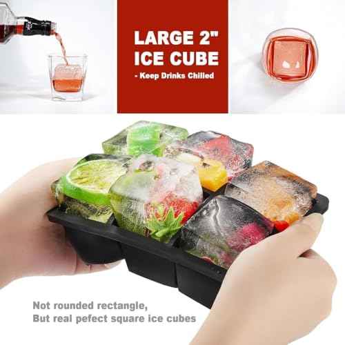 Image of Ice Cube Molds with Lid,Big Silicone Ice Cube Tray for Whiskey,2Inch Square Ice Cube Tray,Easy-Release Ice Mold,Giant Ice Cubes for Bourbon Cocktail (2, Full Black)