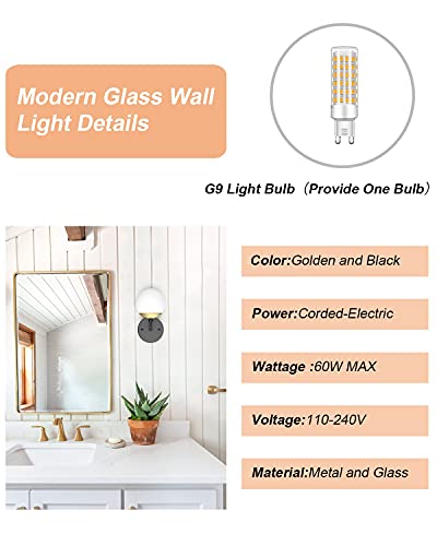 Tipace Black And Gold Wall Light,Mid Century Modern Globe Wall Sconce, Black Wall Sconce 1 Light For Restaurant Living Room Bedside Stairs Bathroom Mirror(3000K G9 Bulb Include) #TOP2