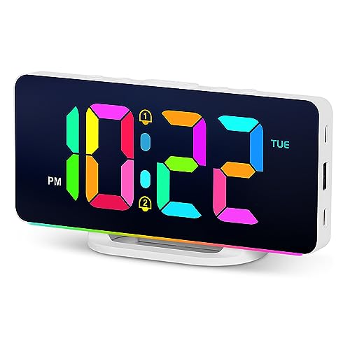 Digital Alarm Clocks with RGB Atmosphere Night Light, Rainbow Time, USB Charger, LED Desk/Wall Dimmable Alarm Clock (White Shell)