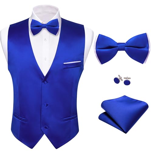 Image of Barry.Wang Mens Suit Vest Bow Tie Set 4PCS Formal V-neck Slim Fit Casual Solid Color Waistcoat Wedding Party Tuxedo