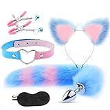 SMグッズ アナルプラグ 尻尾 アナルグッズ 狐耳カチューシャ 乳首クリップ 首輪 かわいいハート型 アナル調教 初心者 アナル拡張 アナル調教 狐 猫 獣耳 5点セットコスプレアイマスク付け (スカイブルー ピンク)