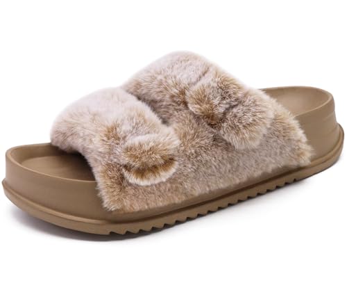 KuaiLu Women's Fluff Slippers Plantar Fasciitis Arch Support Platform Slippers Ladies Fashion Open Toe Faux Fur Sliders Womens House Slipper Size 6-12