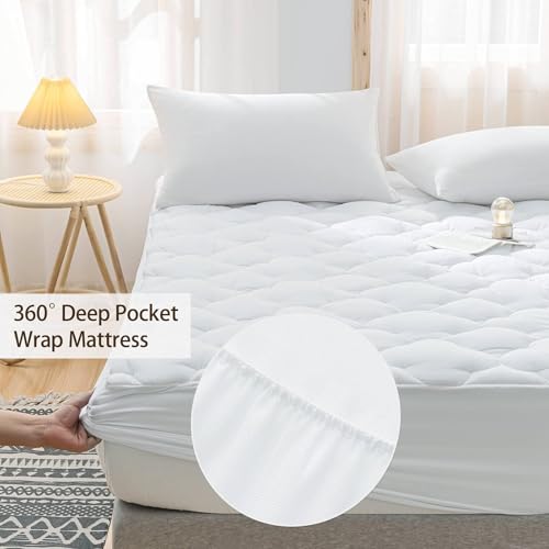 WhatsBedding Waterproof Mattress Pad Twin Size Cotton Top Down Alternative Filling Pillowtop Mattress Topper Cover-Fitted Quilted Pure White(Twin Mattress Pad)