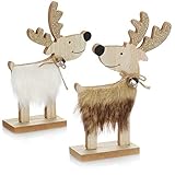 COM-FOUR® 2X dekorativer Aufsteller für Weihnachten - Rentier aus Holz mit Kunstfell und Glöckchen - Rentierfigur als Weihnachtsdeko [Auswahl variiert] (02 Stück Rentier 17cm braun weiß)