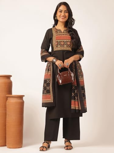 Image of Vbuyz Women Ajrakh With Yoke design Cotton Straight Kurta Set With Dupatta