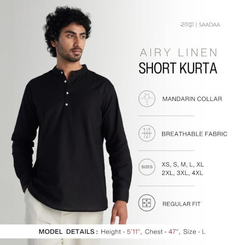 Image of SAADAA Men's Short Kurta - Linen Cotton Blend, Airy Fabric, Regular Fit, Mandarin Collar, Solid Color - Casual, Festive & Ethnic Wear