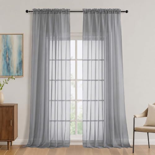Image of OVZME Charcoal Grey Bedroom Curtains 2 Panel Sets 96 Inch Length, 59 Inch Extra Wide Light Filtering Voile Drapes Light Airy Window Drapes for Patio Door Living Room Bedroom Dining, 59Wx96L Inches