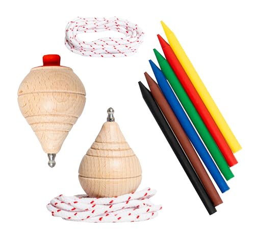 Peonzas niños Madera con Regalo de Ceras para Pintar - Peonza clásica Madera para niños Pack a Elegir - Trompo, perinola, Spinner (2 Peonzas + 6 Ceras)