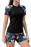 SHEKINI Frauen Built In BH 2-teilige Rash Guard Badeanzüge mit kurzen Ärmeln Top für Boyshort (Schwarz+Blume, Large)