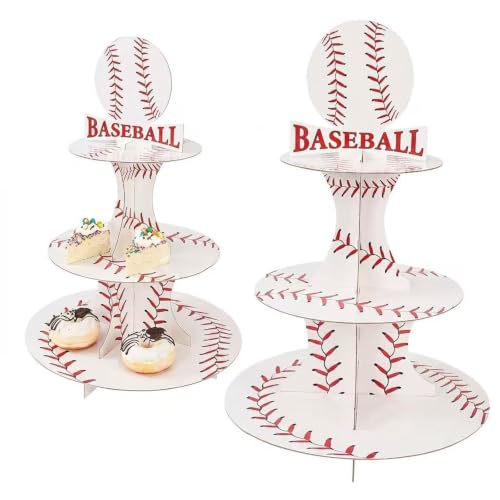 Iilnlaty 2 Pack Baseball Cupcake Stands Birthday Decorations,3-Tier Baseball Theme Party Supplies Cake Stand Toppers for Adults,Girls,Kids,Baby,Bridal,Suitable for Cupcakes Baseball Table Decorations
