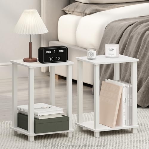 Image of Furinno Simplistic Night Stand Set of 2, 2-Tier Small Nightstand with Open Shelf, Toolless Bedside Table, End Table, Side Table, for Bedroom, Closet, Dorm, White