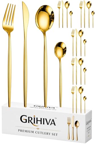 Image of 24 Pcs Gold Slim Handle Stainless Steel Cutlery Set for Dining Table with Spoons and Forks Set + Butterknives - The Perfect Tableware /Flatware