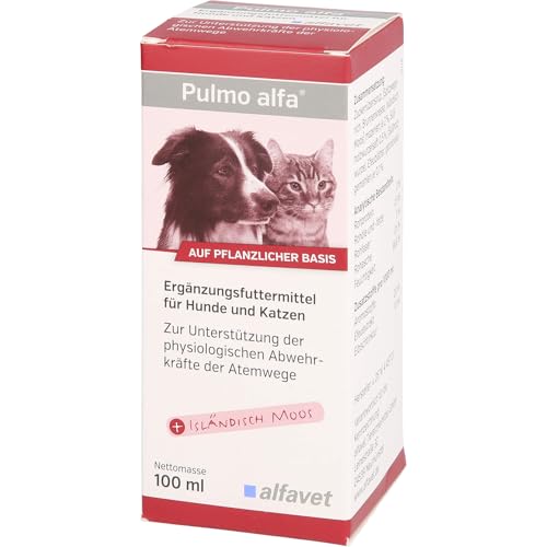 Alfavet Pulmo alfa | 100 ml | Flüssiges Ergänzungsfuttermittel für Hunde und Katzen | Zur Unterstützung der Atemwege | Mit pflanzlichen Substanzen und natürlichen Aromastoffen