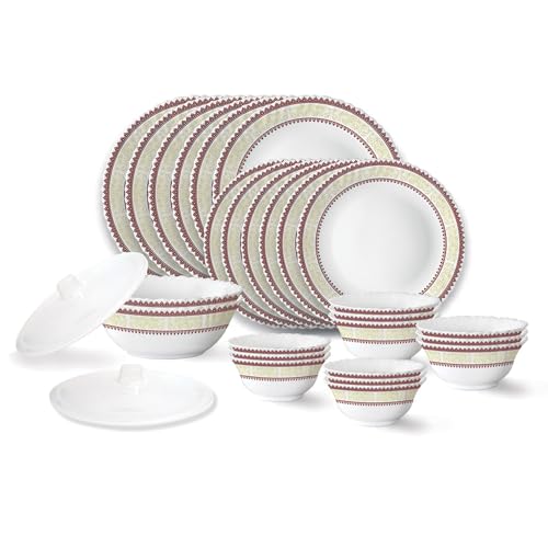 Image of Larah by Borosil Elega Fluted Series Opalware Dinner Set | 28 Pieces for Family of 6 | Microwave & Dishwasher Safe | Bone-Ash Free | Crockery Set for Dining & Gifting | Plates & Bowls | White