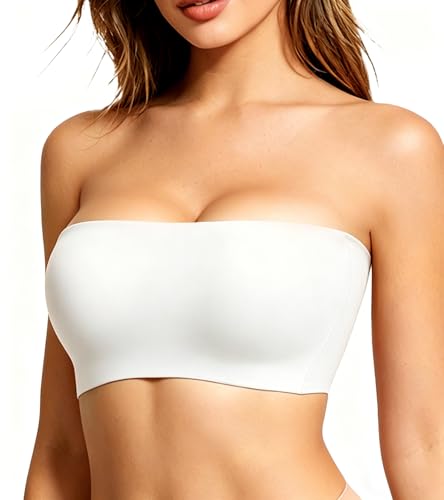 VRCOMFY Strapless Bras for Women Wireless Non-Padded Bandeau Bra Seamless Non-Slip Invisible Bralette Including Clear Straps White XL