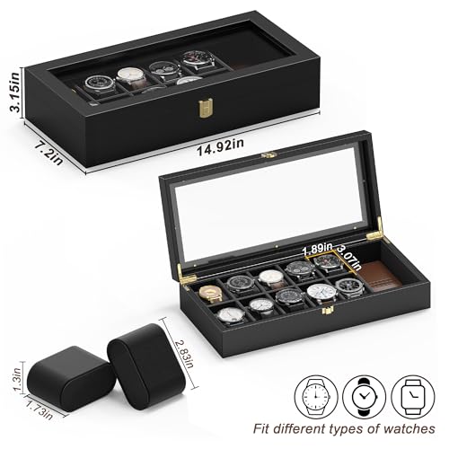 Image of Watch Box Organizer for Men, 10 Slot Watch Display Case With Glass Lid, Wooden Watch Storage Mens Watch Case, Watch Holder Organizer for Men Women -10 Slot, Black