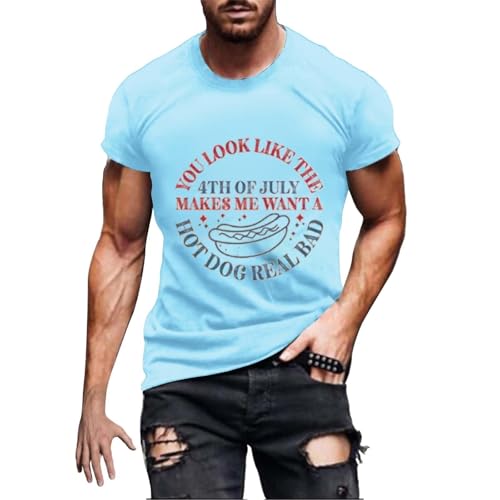 Camisetas modernas para hombre para uso diario, ocio al aire libre. Camiseta cómoda con diseño de perrito caliente, ideal para actividades de primavera y verano, azul claro, 3XL