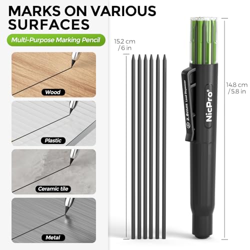 Image of Nicpro 6 Pieces Carpenter Pencil Lead Refills 2.8mm, Lead Refill for Mechanical Carpenter Pencil, Break Resistant 2.8 mm Leads for Construction Pencils, Woodworking Pencils (Black)