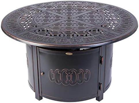 Fire Sense 62262 Dynasty Art Deco Aluminum Convertible Gas Fire Pit Table 55,000 BTU Multi-Functional Outdoor with Fire Bowl Lid, Nylon Weather Cover & Clear Fire Glass - Bronze Finish - Round - 44"