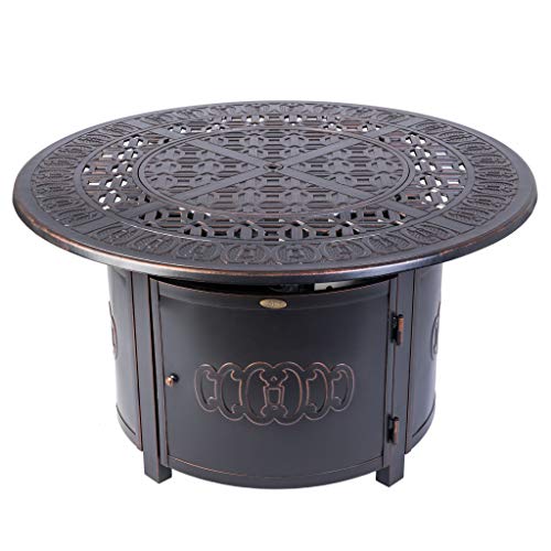 Fire Sense Dynasty Round Aluminum LPG Fire Pit Table | Antique Bronze Finish | 50,000 BTU Output | Uses 20 Pound Propane Tank | Fire Bowl Lid, Vinyl Weather Cover, and Clear Fire Glass Included